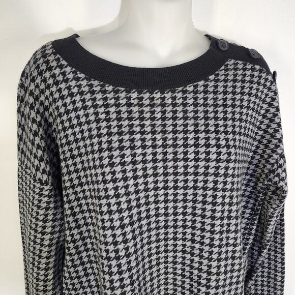LOFT Womens Sweater Black White Houndstooth Crewneck Button Detail Cotton Medium - Picture 3 of 10